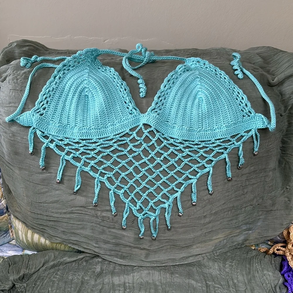 Handmade by Me Blue Crocheted Top with Beads C Cup - Picture 1 of 3